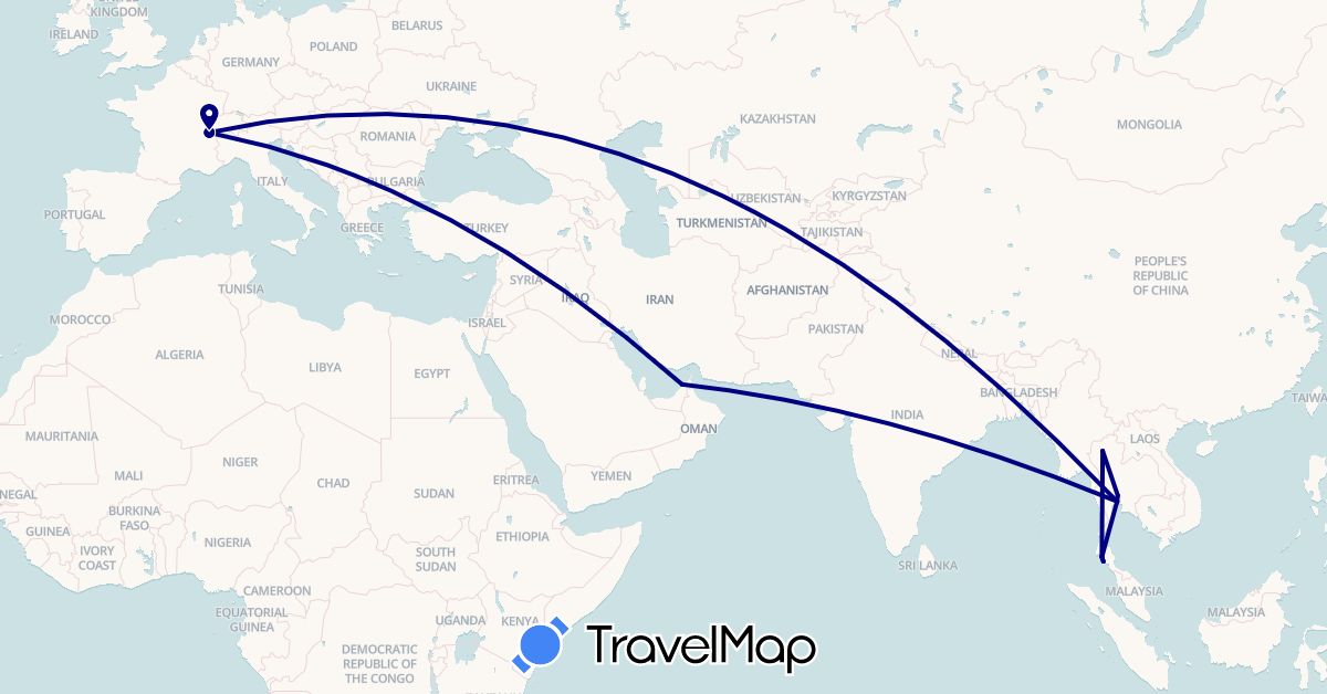 TravelMap itinerary: driving in United Arab Emirates, Switzerland, Saudi Arabia, Thailand (Asia, Europe)